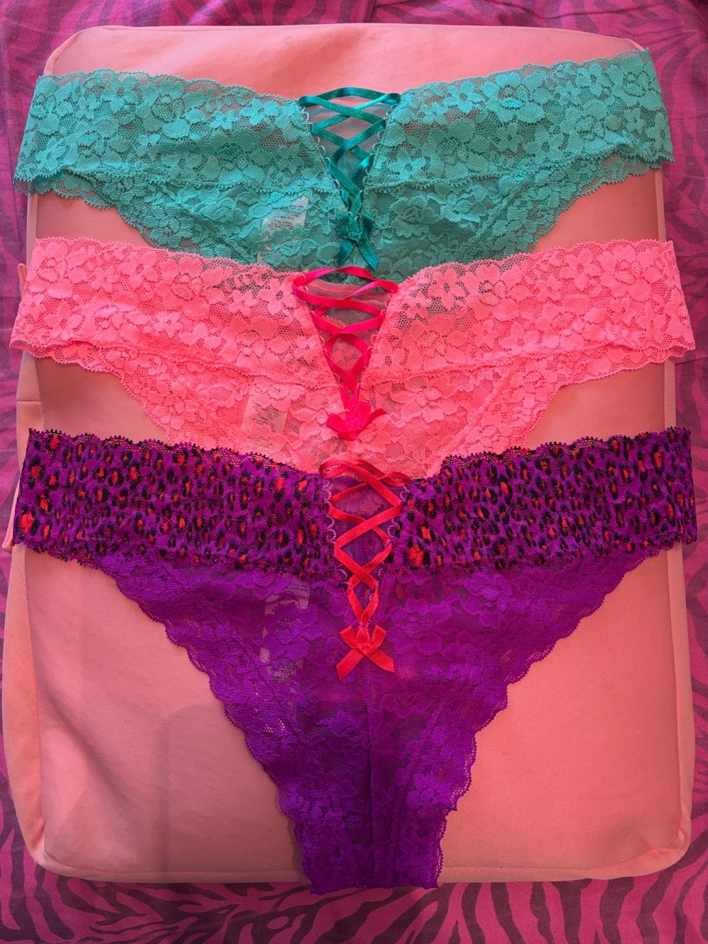 La SENZA Lace Bikini Panty Trio - Teal, Pink & Purple Leopard NWOT